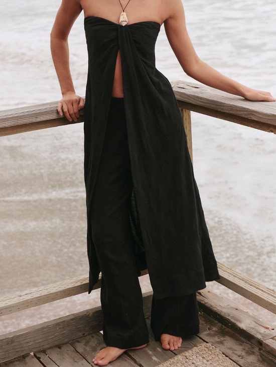 Free People Pants - Free People Black Strapless Split-Front Wide-Leg Jumpsuit